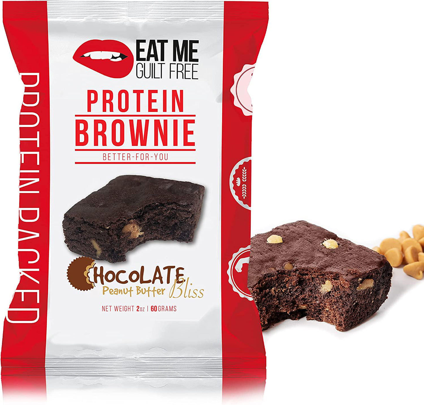 Eat Me Guilt Free Peanut Butter Bliss Protein-Packed Brownie - 14G Protein, Low Carb, Keto-Friendly, Low Sugar, Non GMO, No preservatives, Low Calorie Snack or Dessert | 12 Count