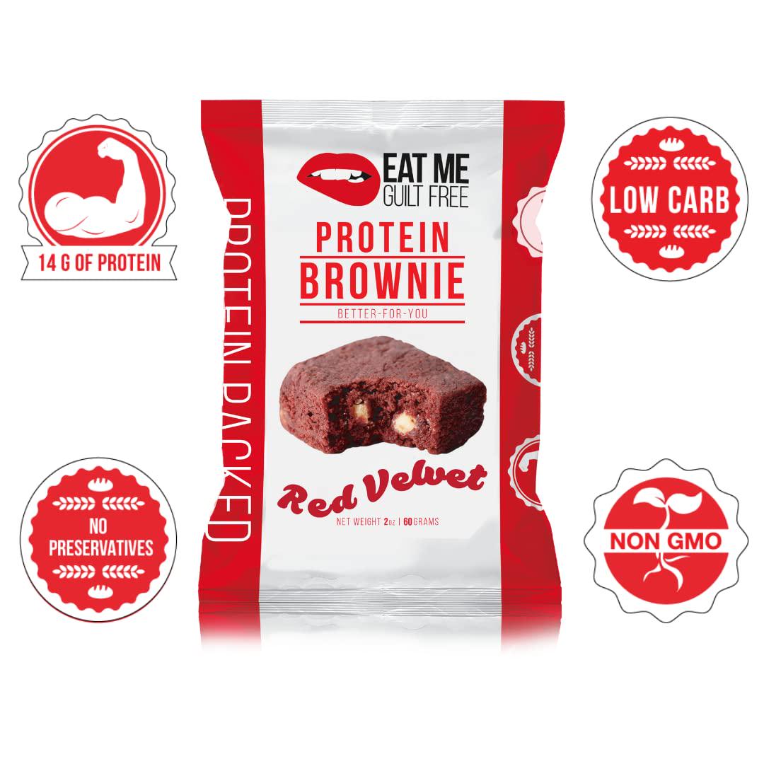 Eat Me Guilt Free Red Velvet Protein-Packed Brownie - 14G Protein, Low Carb, Keto-Friendly, Low Sugar, NON GMO, No preservatives, Low Calorie Snack or Dessert | 12 Count