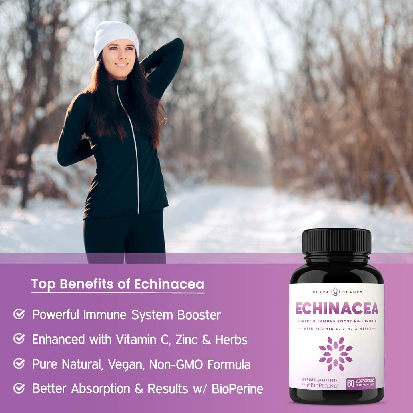 Echinacea Extract 1000mg Supplement with Goldenseal, Elderberry, Organic Reishi, Ginger, Vitamin C and Zinc - BioPerine for Superior Absorption - Immune System Boost and Overall Wellness Vegan Capsules
