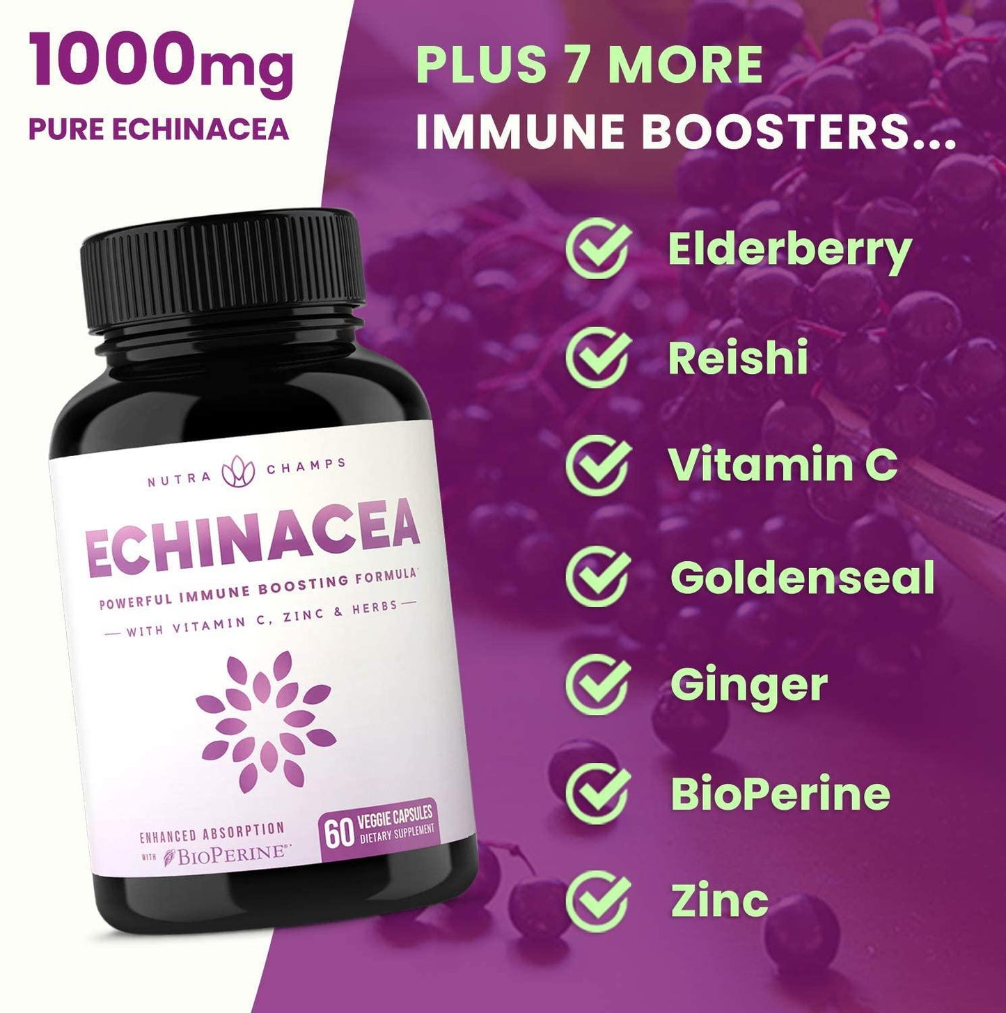 Echinacea Extract 1000mg Supplement with Goldenseal, Elderberry, Organic Reishi, Ginger, Vitamin C and Zinc - BioPerine for Superior Absorption - Immune System Boost and Overall Wellness Vegan Capsules