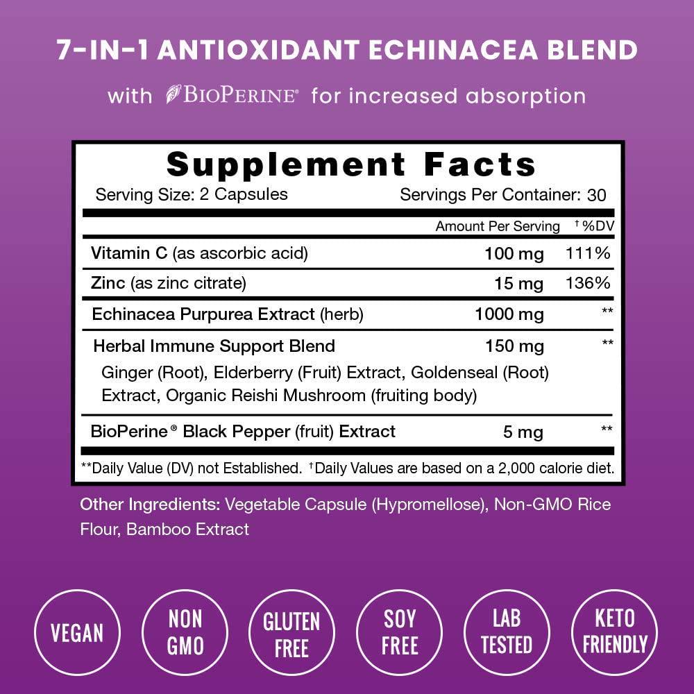 Echinacea Extract 1000mg Supplement with Goldenseal, Elderberry, Organic Reishi, Ginger, Vitamin C and Zinc - BioPerine for Superior Absorption - Immune System Boost and Overall Wellness Vegan Capsules