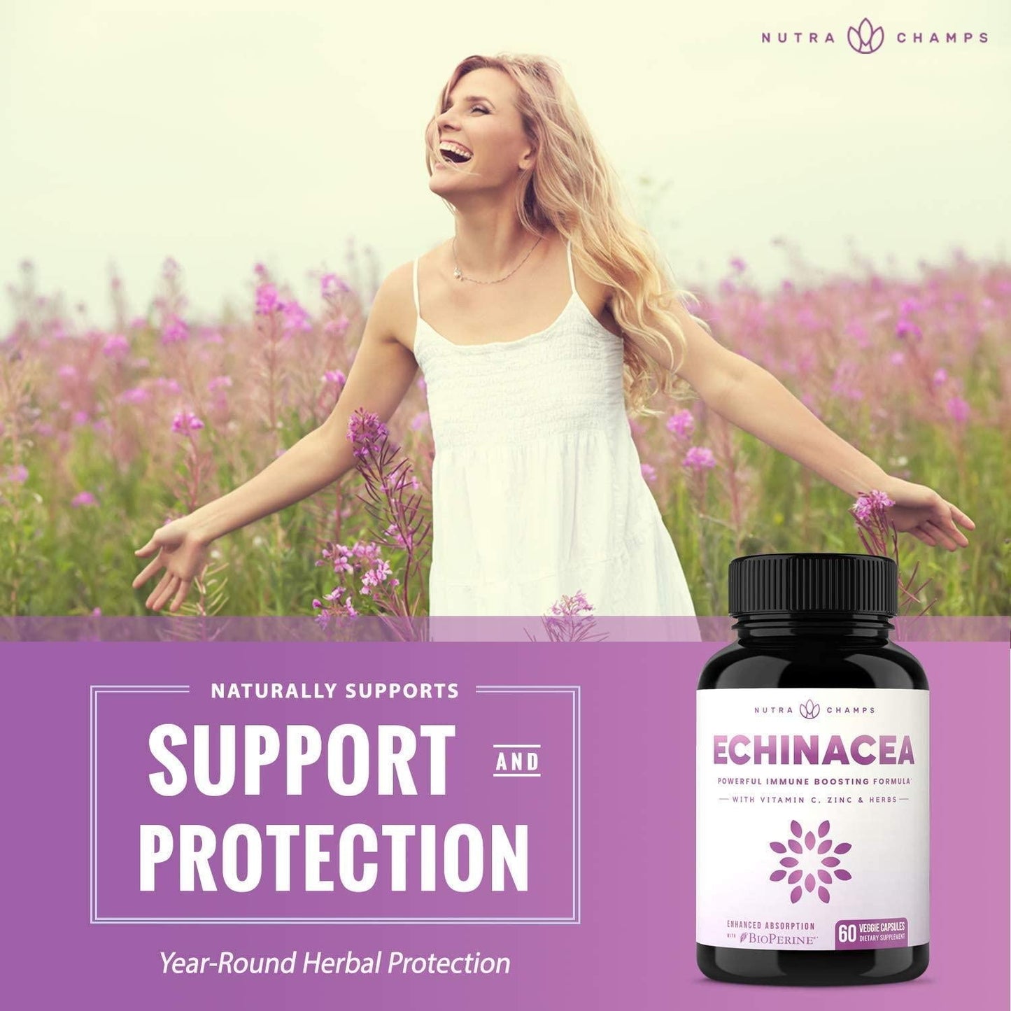 Echinacea Extract 1000mg Supplement with Goldenseal, Elderberry, Organic Reishi, Ginger, Vitamin C and Zinc - BioPerine for Superior Absorption - Immune System Boost and Overall Wellness Vegan Capsules