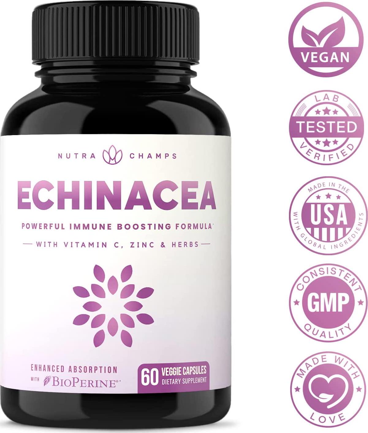 Echinacea Extract 1000mg Supplement with Goldenseal, Elderberry, Organic Reishi, Ginger, Vitamin C and Zinc - BioPerine for Superior Absorption - Immune System Boost and Overall Wellness Vegan Capsules