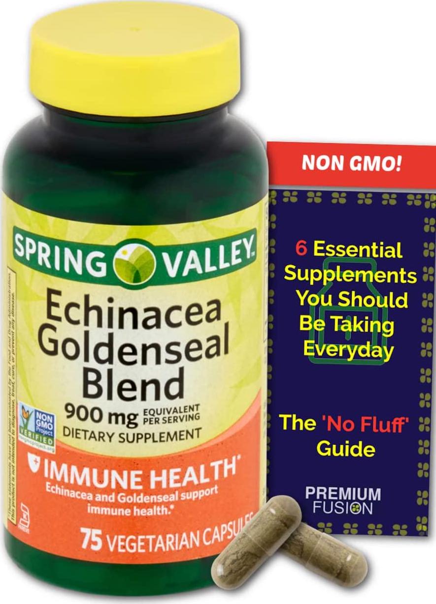 Echinacea Goldenseal Blend Capsules, 900 mg, 75 Ct + Vitamin Pouch and Guide to Supplements