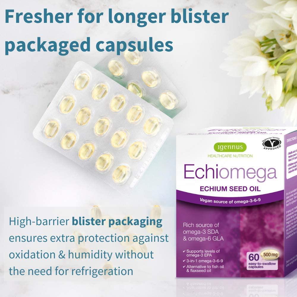 Echiomega Vegan Omega 3 6 9 1000 Mg, Echium Seed Oil, 60 Softgels