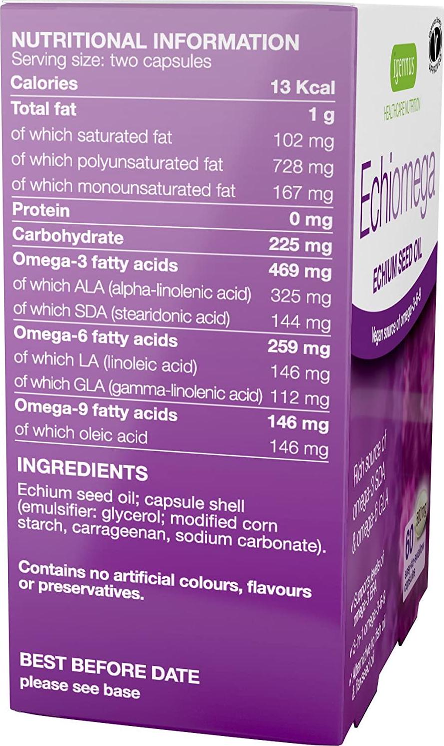 Echiomega Vegan Omega 3 6 9 1000 Mg, Echium Seed Oil, 60 Softgels