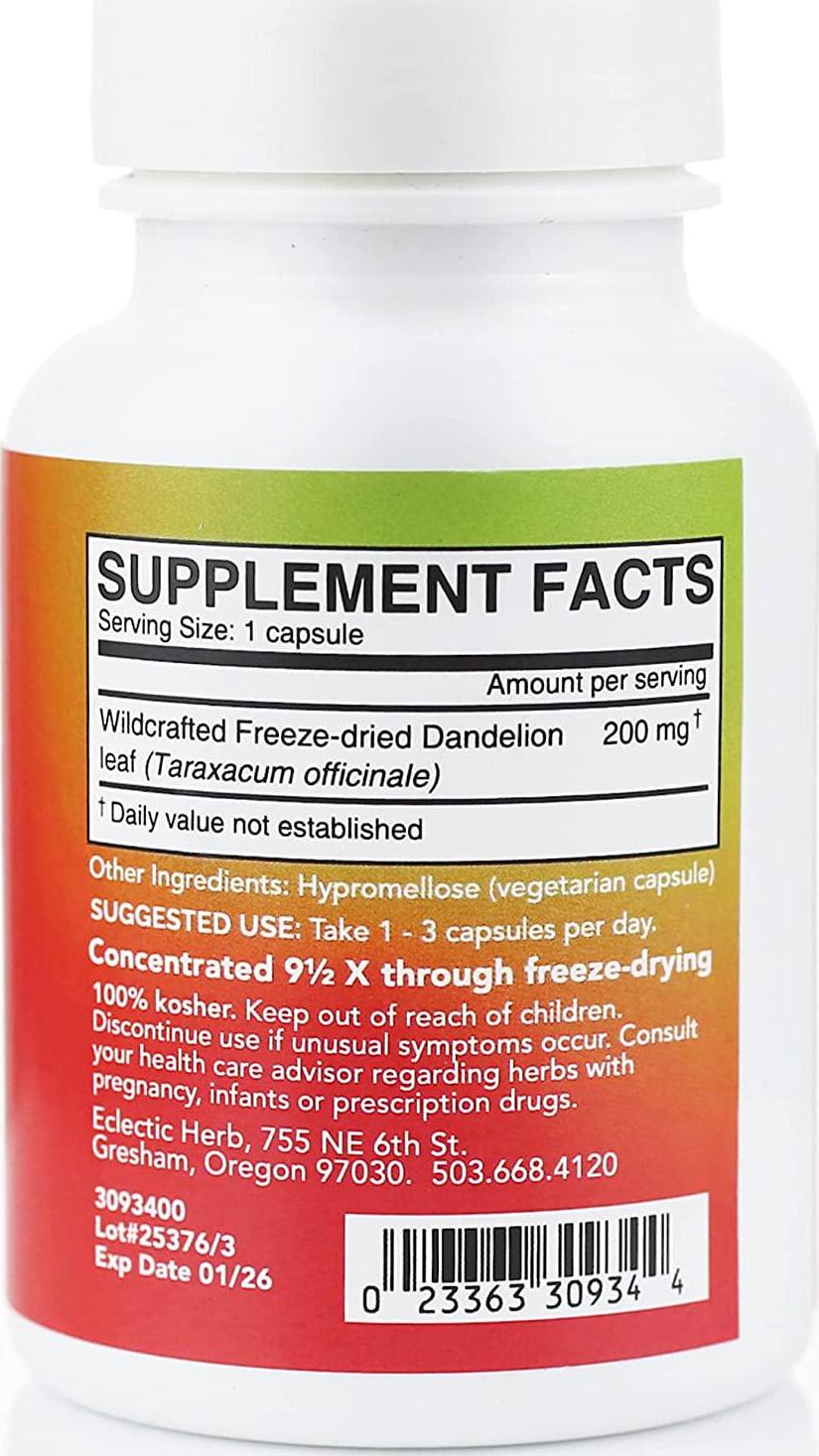 Eclectic Institute Raw Freeze-Dried Dandelion Leaf | Organic Supplement to Support Cleansing and Digestive Function | 90 CT (200 mg)