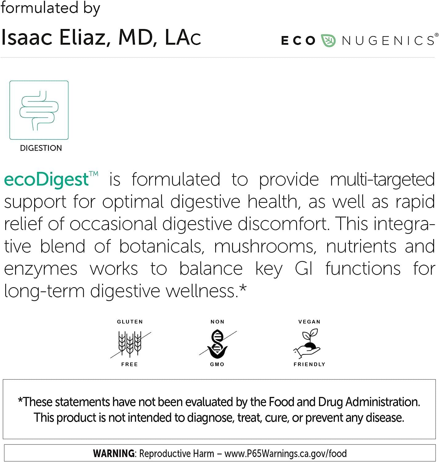 EcoNugenics - Integrative Digestive Formula - 60 Capsules - Digestive Support - Herbs, Medicinal Mushrooms and Enzymes - Relief from Heartburn, Indigestion, GERD Acid Reflux, Gas, Nausea and Bloating