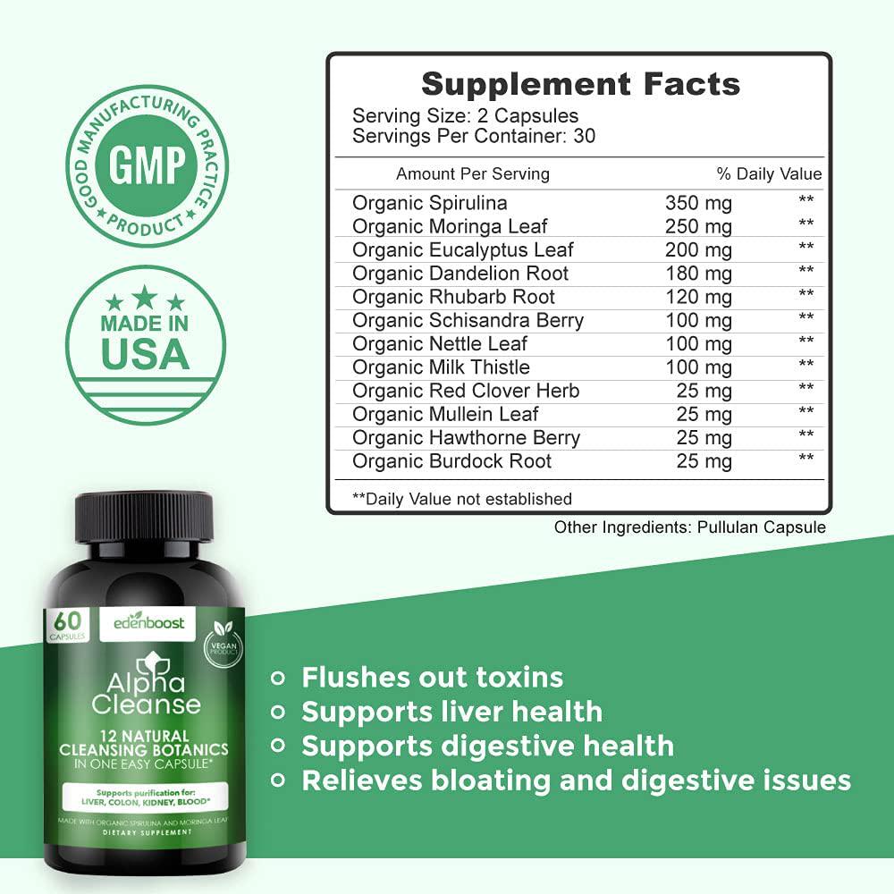 EdenBoost AlphaCleanse | Liver Health and Detox Blend Made with 12 Organic Superfoods. Milk Thistle, Dandelion Root, Burdock Root. Formulated for Detox Support, Liver, Digestive Health. (1 Bottle)