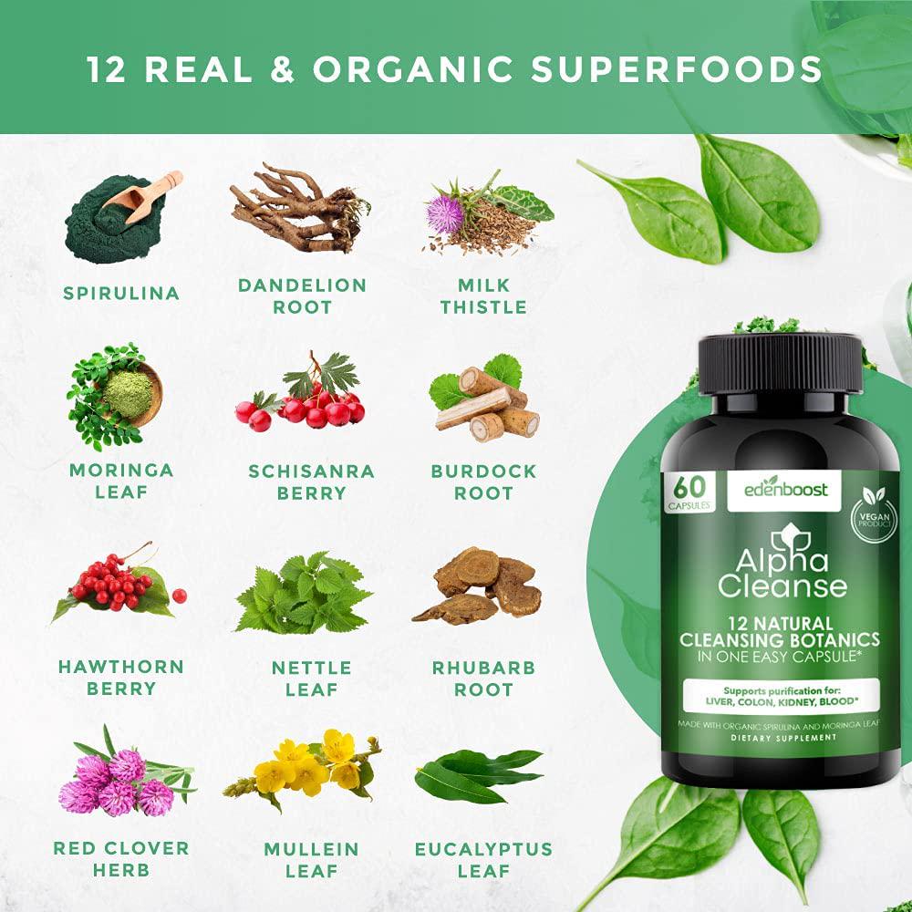 EdenBoost AlphaCleanse | Liver Health and Detox Blend Made with 12 Organic Superfoods. Milk Thistle, Dandelion Root, Burdock Root. Formulated for Detox Support, Liver, Digestive Health. (1 Bottle)