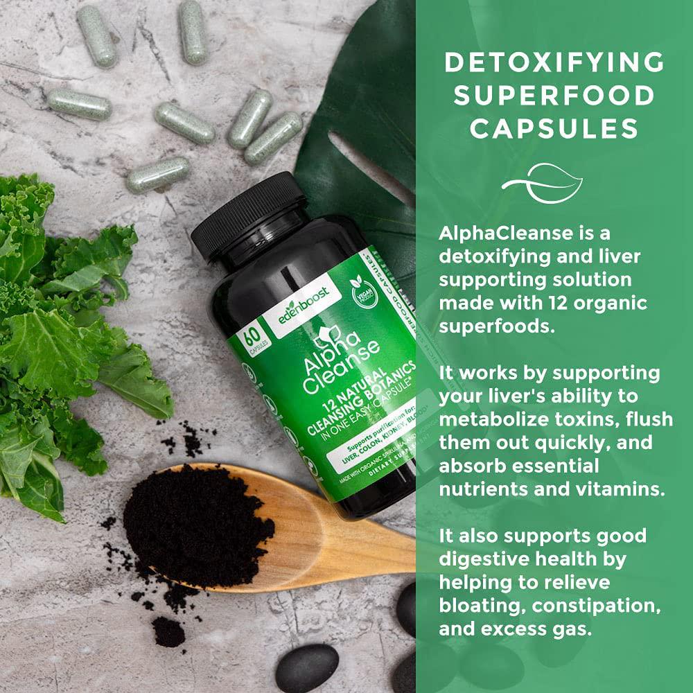 EdenBoost AlphaCleanse | Liver Health and Detox Blend Made with 12 Organic Superfoods. Milk Thistle, Dandelion Root, Burdock Root. Formulated for Detox Support, Liver, Digestive Health. (1 Bottle)
