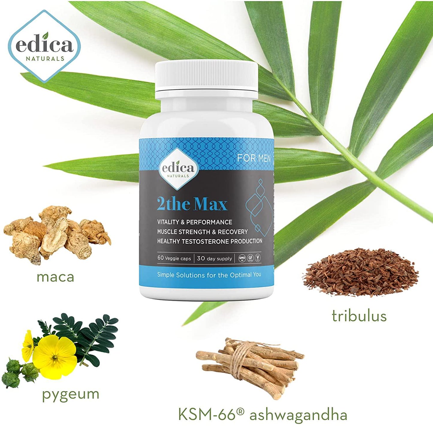 Edica Naturals 2the Max | Increase Muscle Strength | Boost Healthy Testosterone Production | Stress Resistance | GMO Free | Gluten Free | Vegan | 30 Days Supply