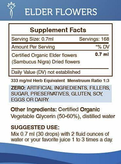 Elder Flowers Alcohol-Free Liquid Extract, Organic Elder Flowers (Sambucus Nigra) Dried Flowers Tincture Supplement (4 FL OZ)