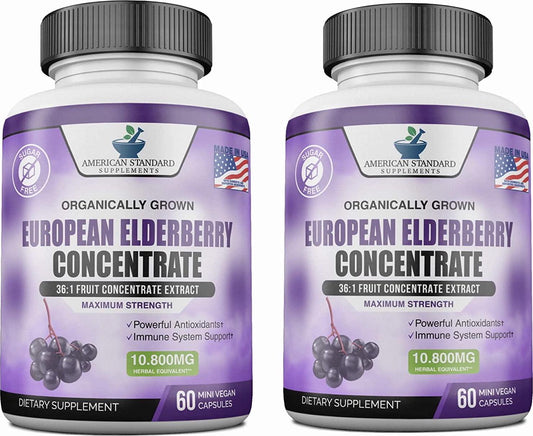 Elderberry European Organic Sambucus Nigra 10,800 miligram per Serving or 3600 miligram Per Capsules, 36x Concentrated Fruit Extract, Immune Support and Powerful Antioxidants, 60 Mini Vegan Capsules