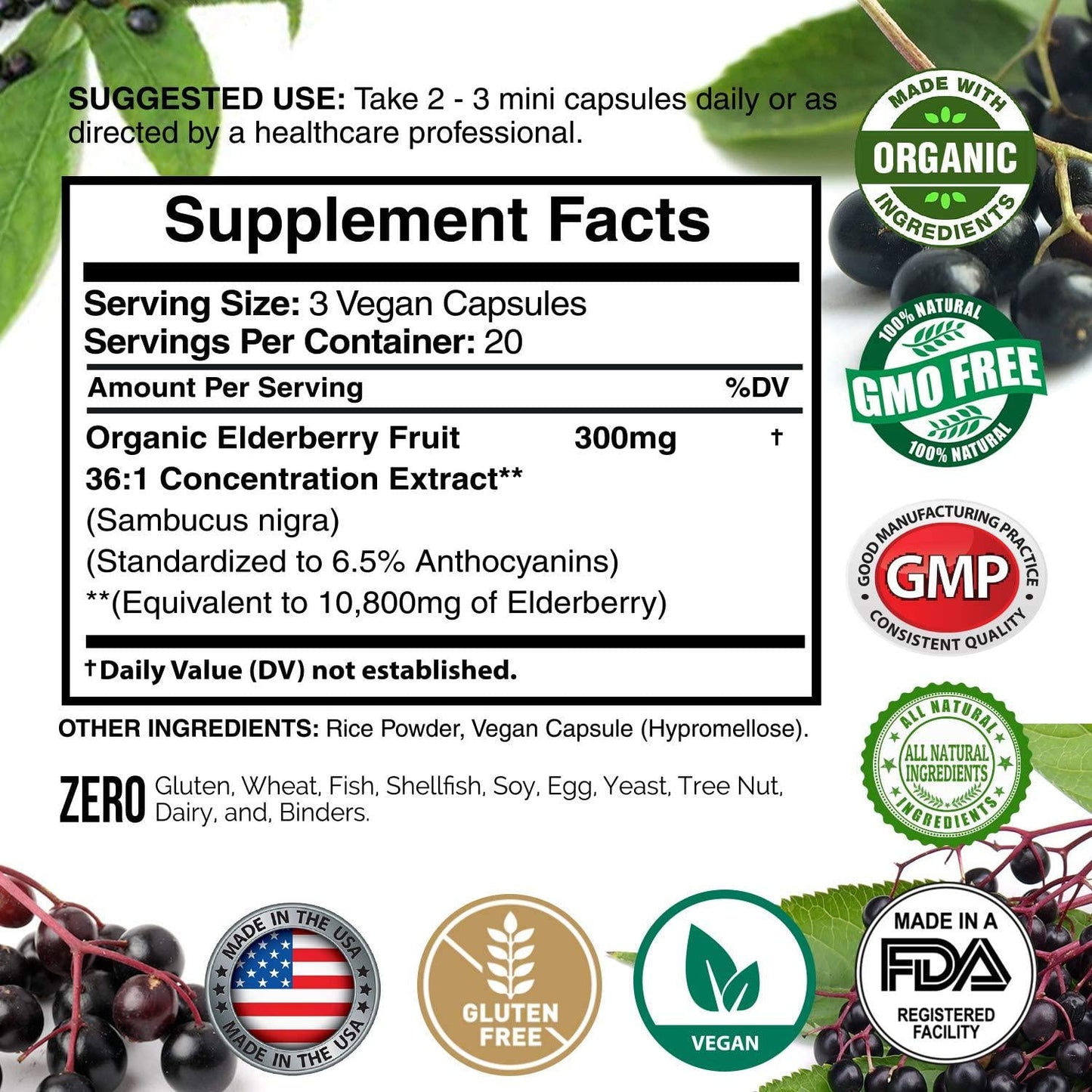 Elderberry European Organic Sambucus Nigra 10,800 miligram per Serving or 3600 miligram Per Capsules, 36x Concentrated Fruit Extract, Immune Support and Powerful Antioxidants, 60 Mini Vegan Capsules