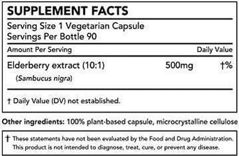 Elderberry Extract Supplement, 10 to 1 Extract, 90 Elderberry Capsules, Non GMO, Gluten Free, Vegan