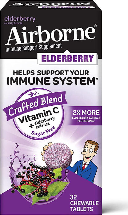 Elderberry Extract + Vitamin C - Airborne Chewable Tablets (32 count in a bottle), Non-GMO Immune Support Supplement, Sugar Free, Naturally Flavored, No Color Added, Sambucus, Antioxidants