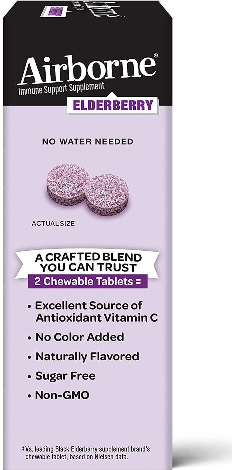 Elderberry Extract + Vitamin C - Airborne Chewable Tablets (32 count in a bottle), Non-GMO Immune Support Supplement, Sugar Free, Naturally Flavored, No Color Added, Sambucus, Antioxidants