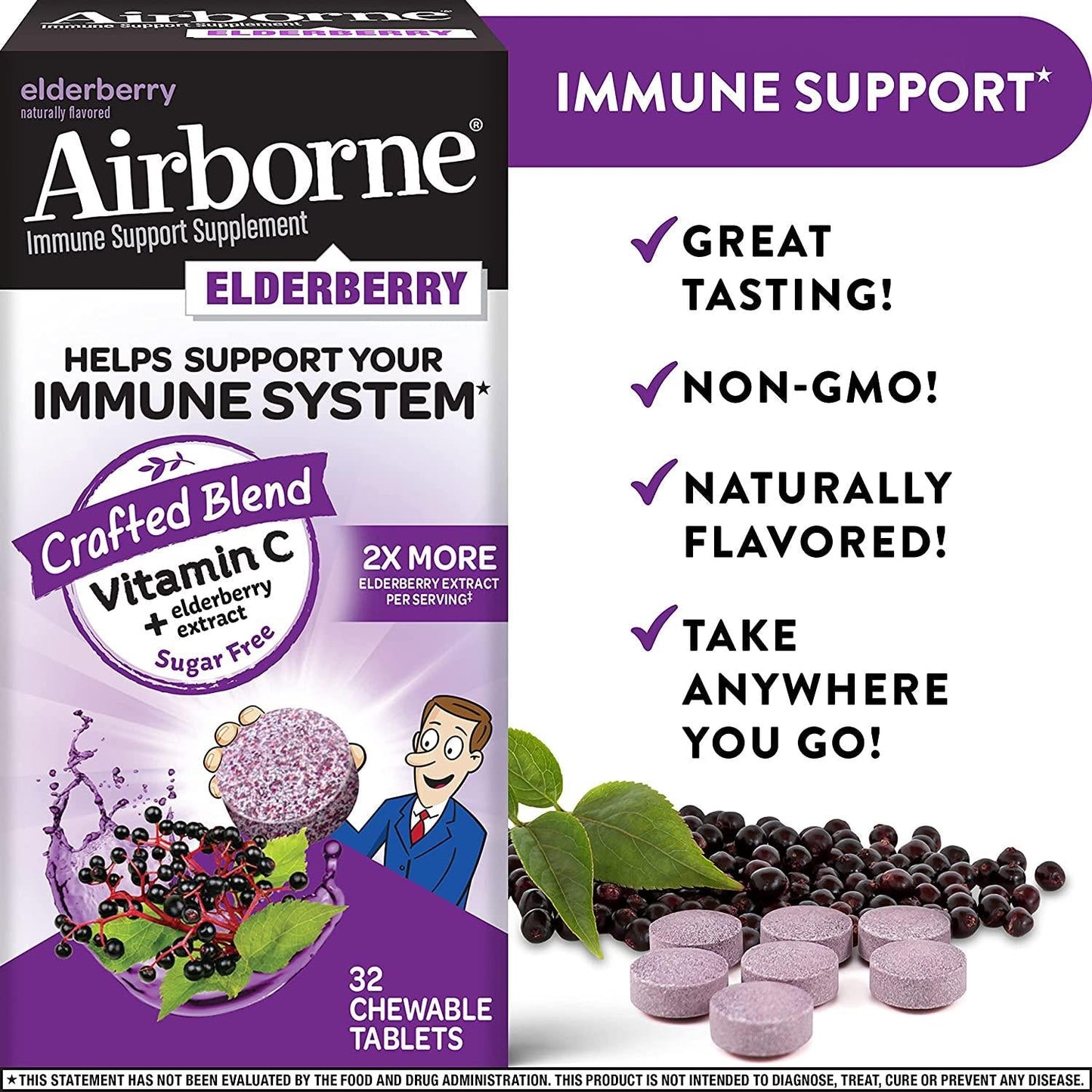 Elderberry Extract + Vitamin C - Airborne Chewable Tablets (32 count in a bottle), Non-GMO Immune Support Supplement, Sugar Free, Naturally Flavored, No Color Added, Sambucus, Antioxidants