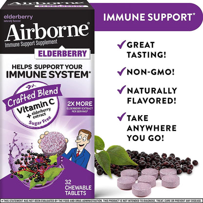 Elderberry Extract + Vitamin C - Airborne Chewable Tablets (32 count in a bottle), Non-GMO Immune Support Supplement, Sugar Free, Naturally Flavored, No Color Added, Sambucus, Antioxidants