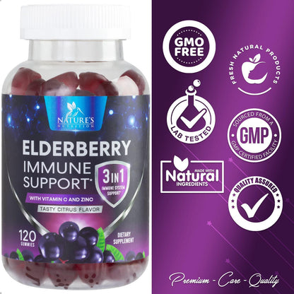 Elderberry Gummies Extra Strength Sambucus Gummy - Natural Immune System Support - Best Supplement with Vitamin C and Zinc for Children and Adults - 120 Gummies