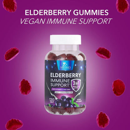 Elderberry Gummies Extra Strength Sambucus Gummy - Natural Immune System Support - Best Supplement with Vitamin C and Zinc for Children and Adults - 120 Gummies