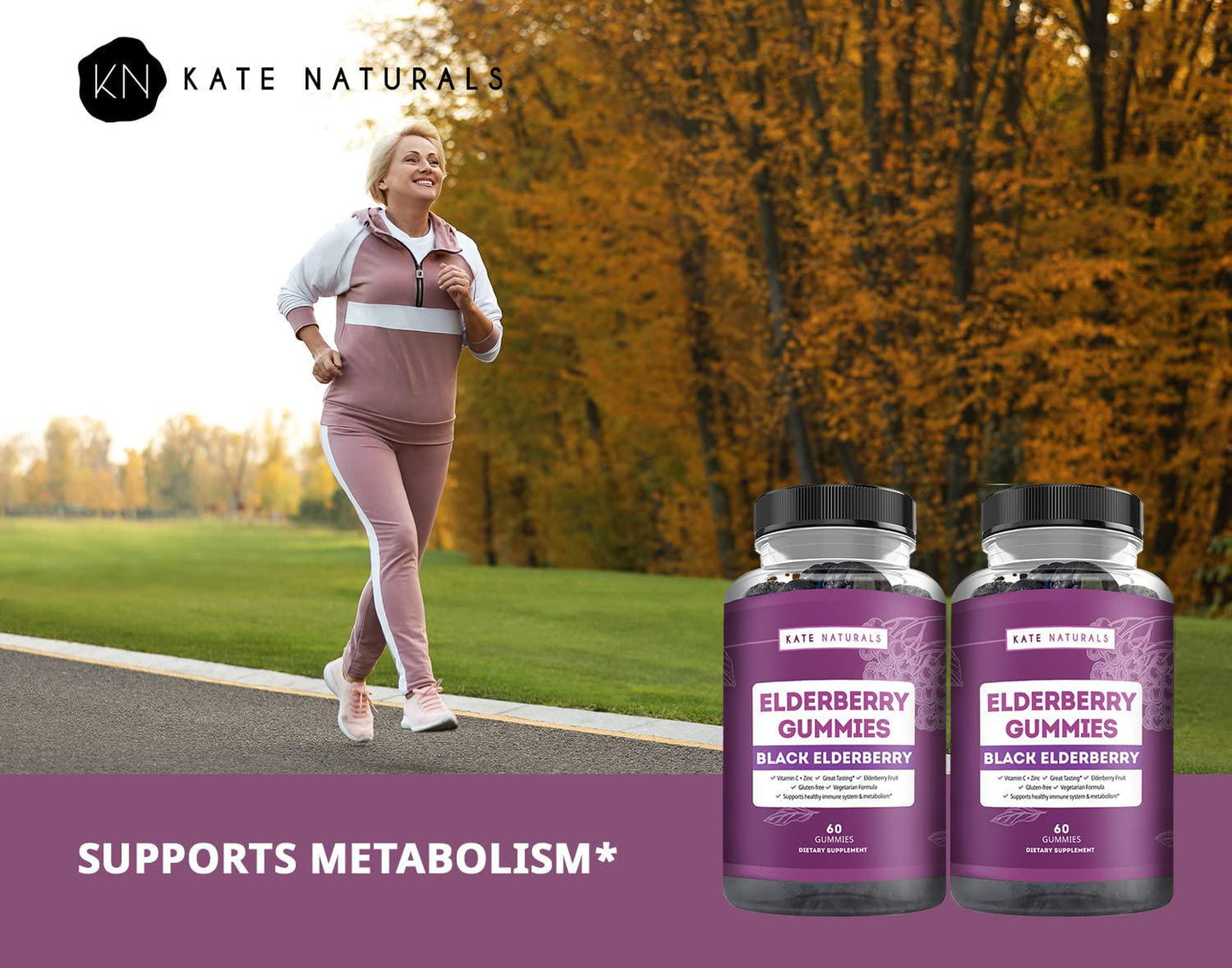 Elderberry Gummies for Adults - Kate Naturals. Perfect for Immune System Support and Metabolism. Raspberry Flavor. Has Vitamin C and Zinc. Sambucus Nigra. Tasty Vitamins Alternatives. (2 Pack)