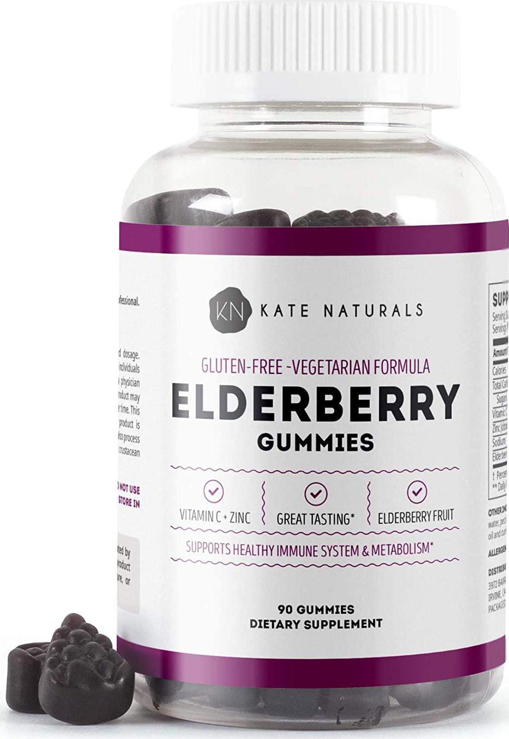 Elderberry Gummies for Adults and Kids (90 Gummies) - Kate Naturals. Perfect for Immune System Support and Metabolism. Has Vitamin C and Zinc. 1-Year Guarantee. Sambucus Nigra. Tasty Vitamin Alternative