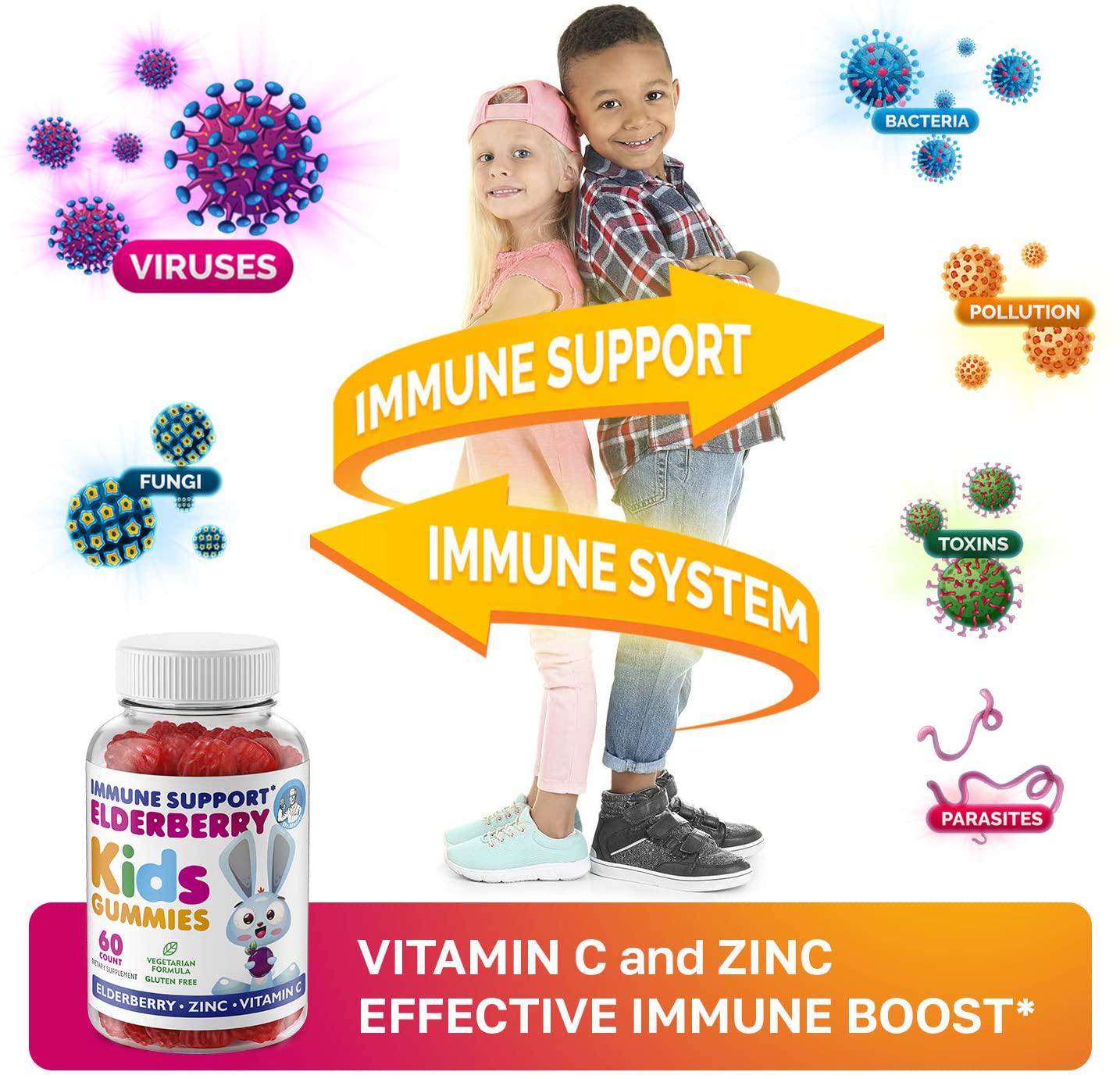 Elderberry Gummies for Kids and Toddlers - Natural Immune System Booster and Health Support with Black Sambucus Elderberries Extract - Vitamin and Zinc Herbal Immunity Boost Supplement for Children