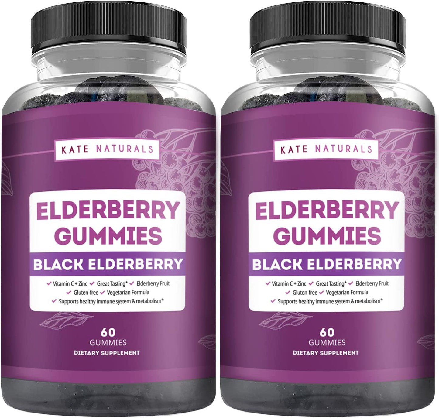 Elderberry Gummies for Adults - Kate Naturals. Perfect for Immune System Support and Metabolism. Raspberry Flavor. Has Vitamin C and Zinc. Sambucus Nigra. Tasty Vitamins Alternatives. (2 Pack)