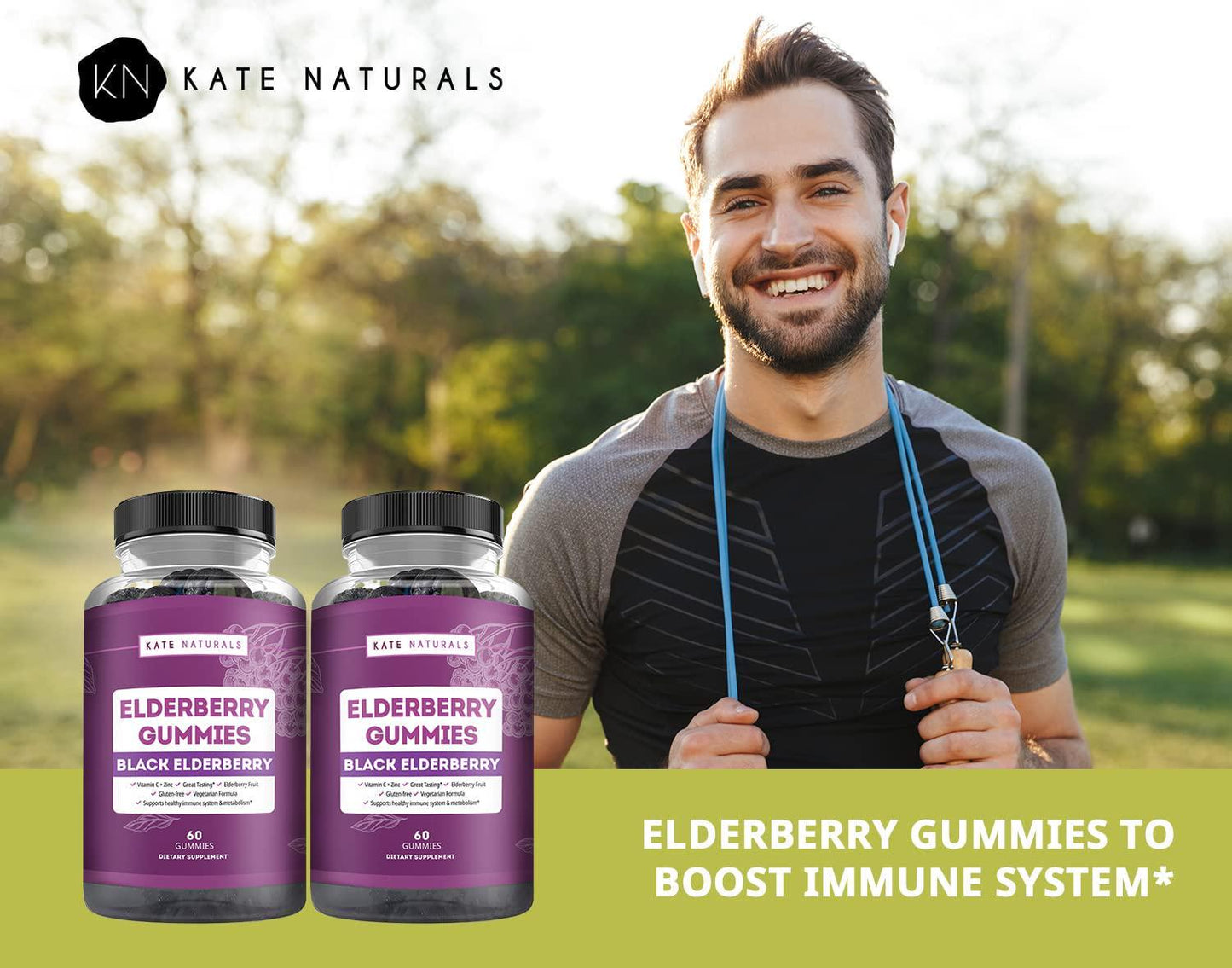 Elderberry Gummies for Adults - Kate Naturals. Perfect for Immune System Support and Metabolism. Raspberry Flavor. Has Vitamin C and Zinc. Sambucus Nigra. Tasty Vitamins Alternatives. (2 Pack)