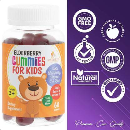 Elderberry Gummies for Kids Extra Strength Sambucus Nigra Gummy Vitamins - Tasty Natural Immune Support - Made in USA - Best Children's Herbal Supplements with Vitamin C and Zinc - 60 Gummies