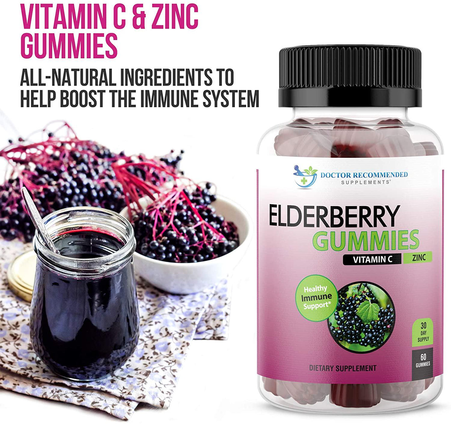 Elderberry Gummies with Zinc and Vitamin C - Black Elderberry with Vitamin C and Zinc for Kids and Adults, Antioxidant Supplement - 60 Gummies