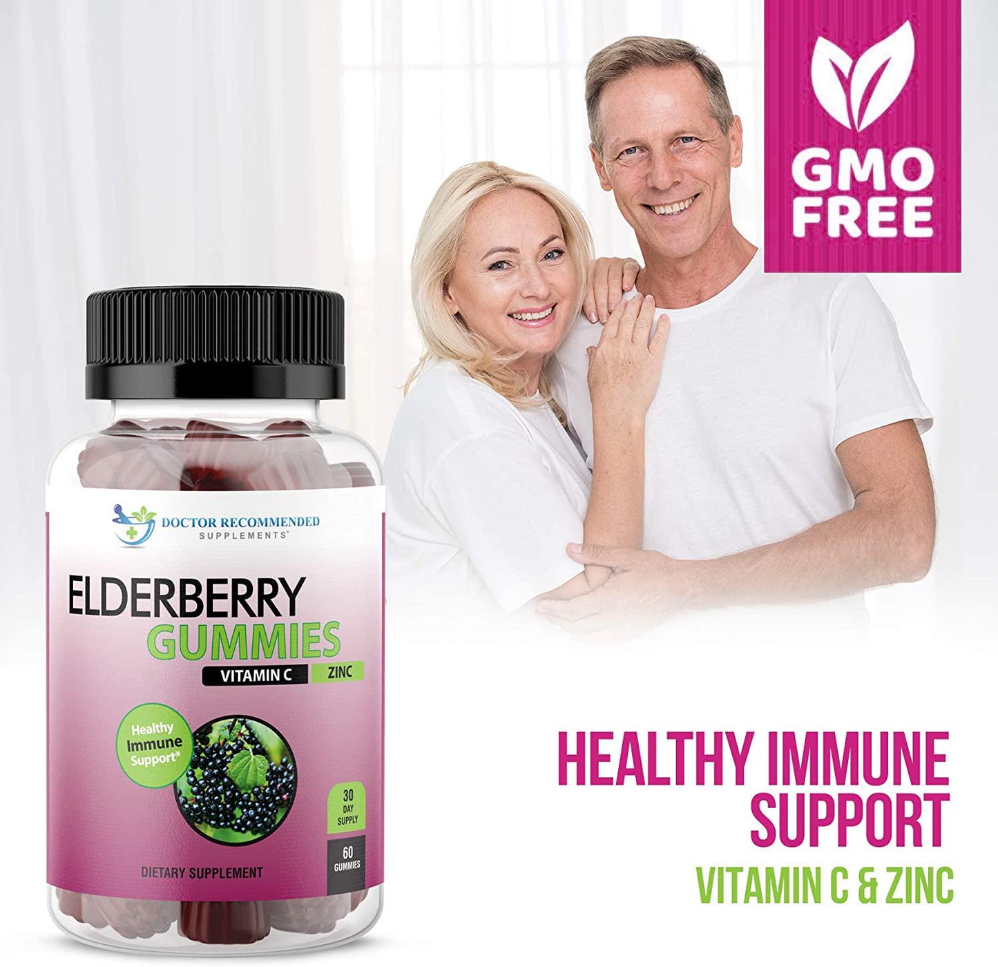 Elderberry Gummies with Zinc and Vitamin C - Black Elderberry with Vitamin C and Zinc for Kids and Adults, Antioxidant Supplement - 60 Gummies