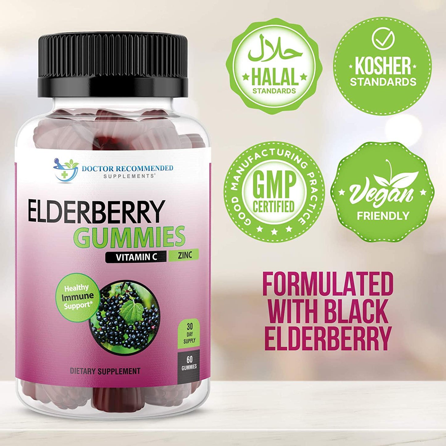 Elderberry Gummies with Zinc and Vitamin C - Black Elderberry with Vitamin C and Zinc for Kids and Adults, Antioxidant Supplement - 60 Gummies