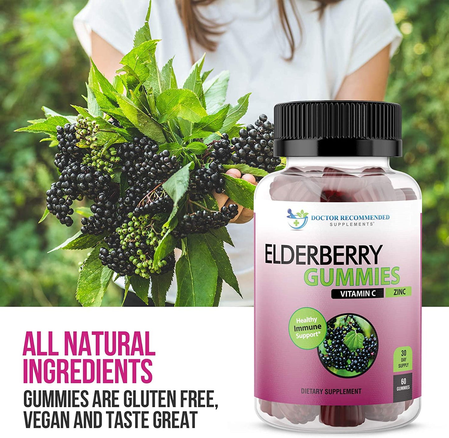 Elderberry Gummies with Zinc and Vitamin C - Black Elderberry with Vitamin C and Zinc for Kids and Adults, Antioxidant Supplement - 60 Gummies
