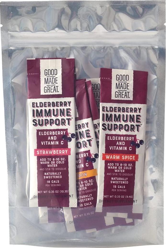 Elderberry Immune Support Drink Mix Variety Pack - Lemon, Strawberry and Warm Spice - with Vitamin C- No Added Sugar
