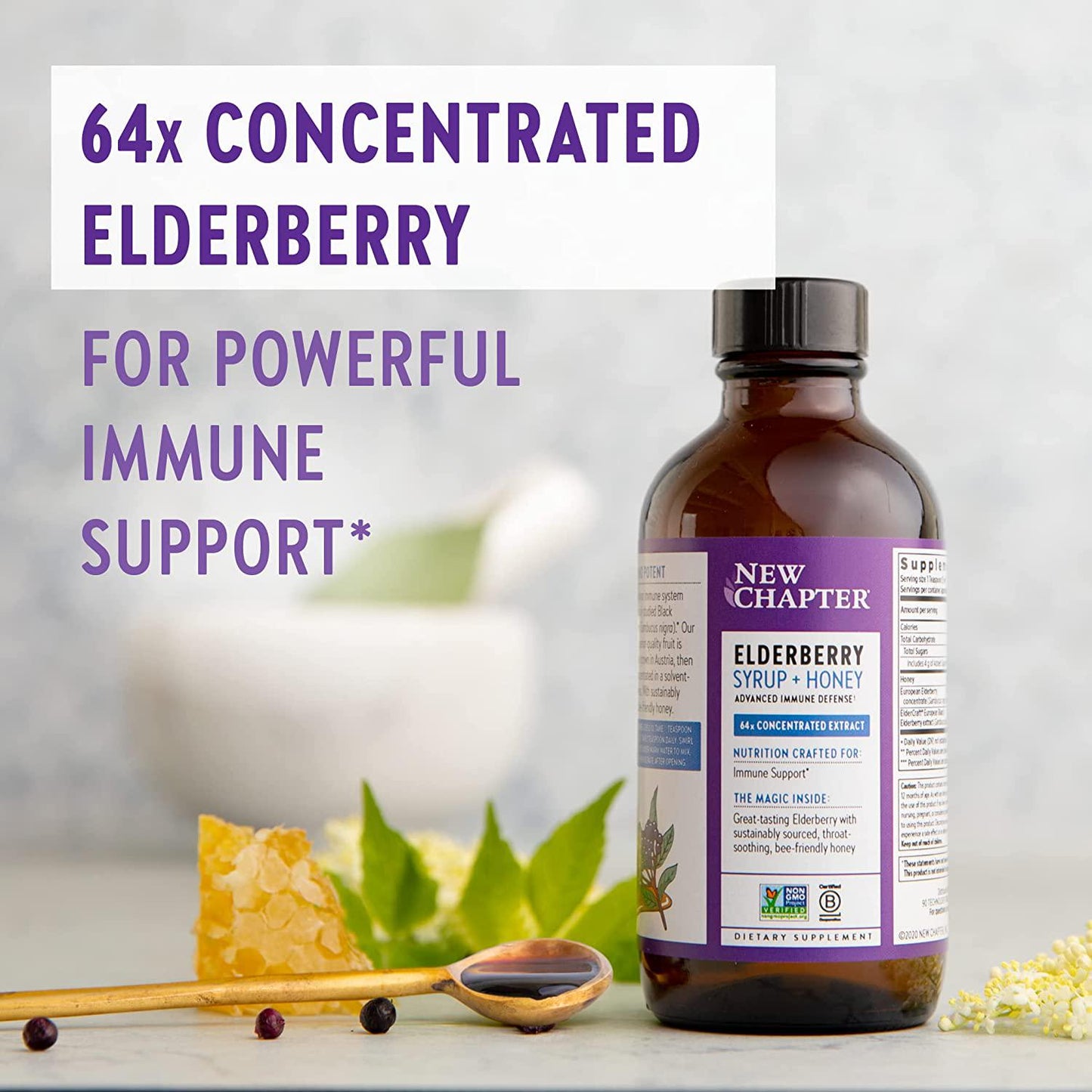 Elderberry Syrup, New Chapter Elderberry Syrup, 24 Servings, Immune Defense for Kids (4+) and Adults, 64x Concentrated Black Elderberry + Grade A Honey, No Corn Syrup, Non-GMO, Gluten Free