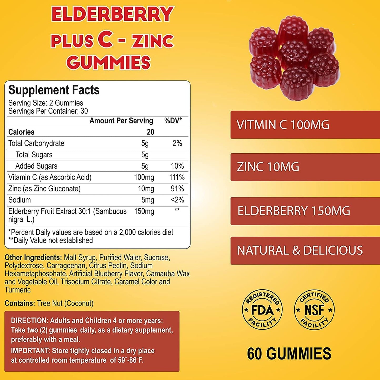Elderberry + Vitamin C and Zinc Gummies - Promotes Healthy Immunity - Supports Brain Function - Antioxidants and Anti-Inflammatory compounds - 60 Gummies
