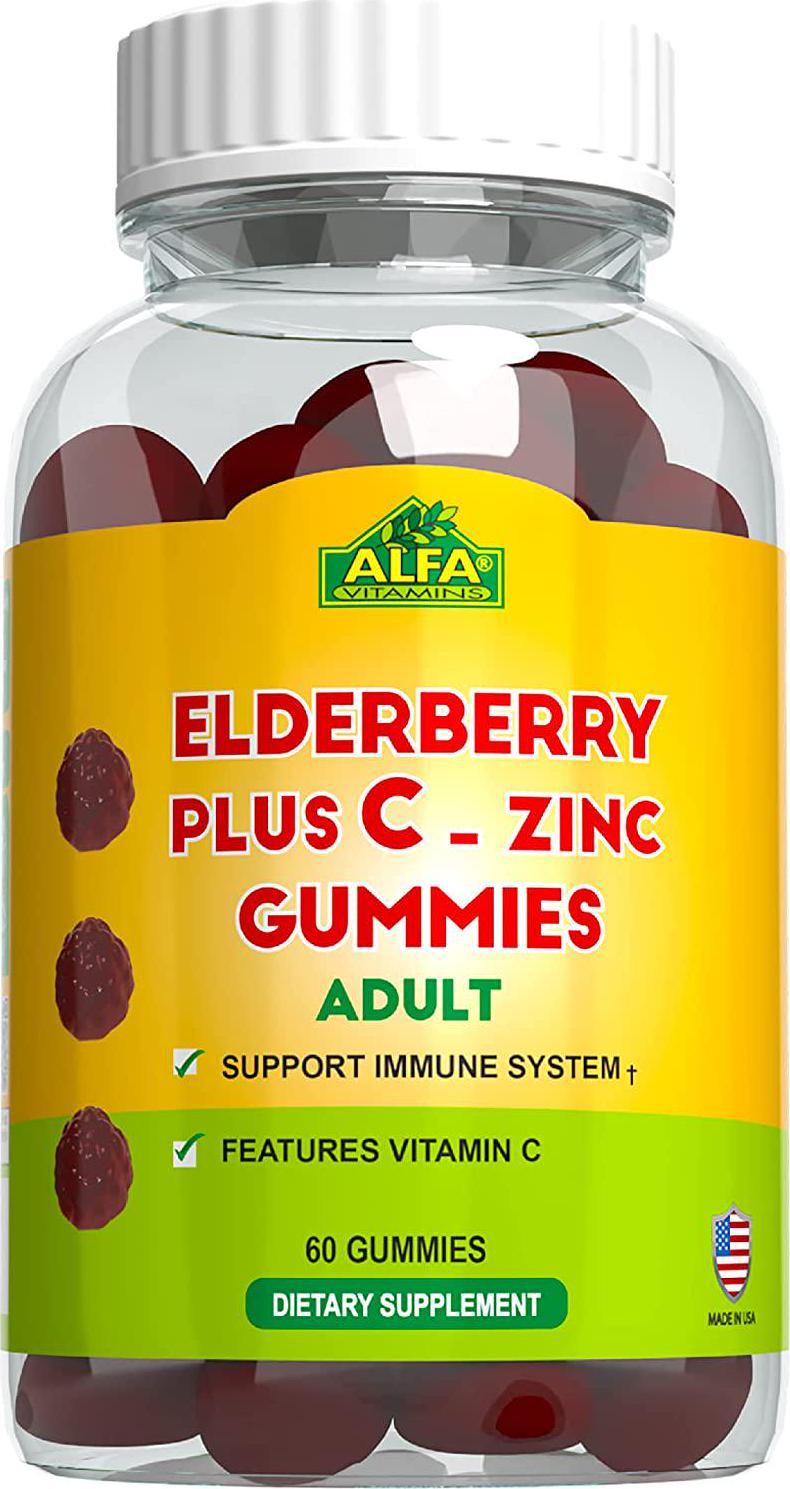 Elderberry + Vitamin C and Zinc Gummies - Promotes Healthy Immunity - Supports Brain Function - Antioxidants and Anti-Inflammatory compounds - 60 Gummies