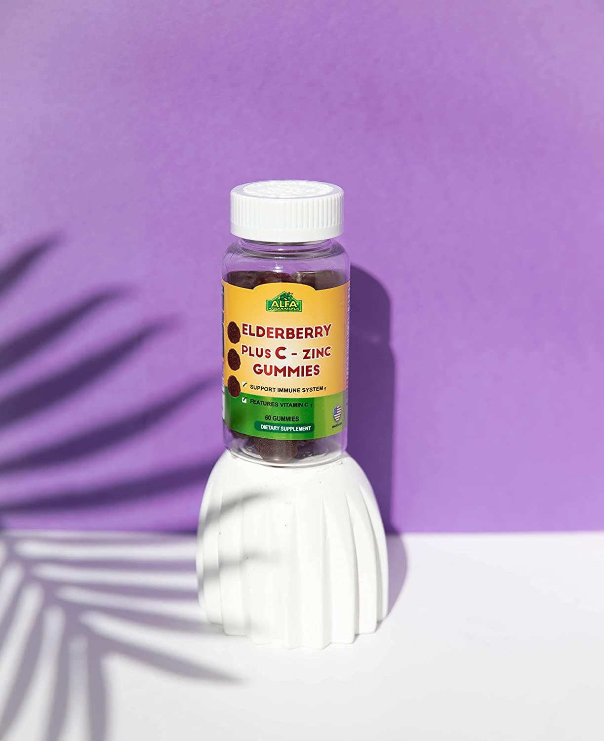 Elderberry + Vitamin C and Zinc Gummies - Promotes Healthy Immunity - Supports Brain Function - Antioxidants and Anti-Inflammatory compounds - 60 Gummies