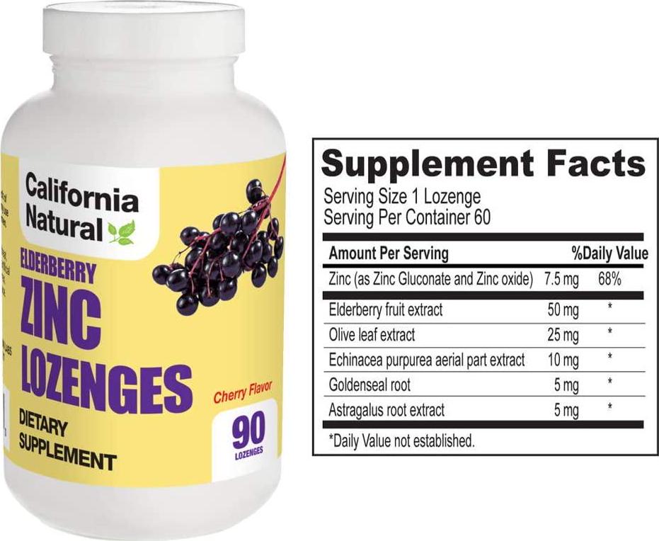 Elderberry Zinc Lozenges - California Natural - Cherry Flavor - Zinc, Elderberry and Echinacea Extract | Immunity Support | 60 Count Lozenges
