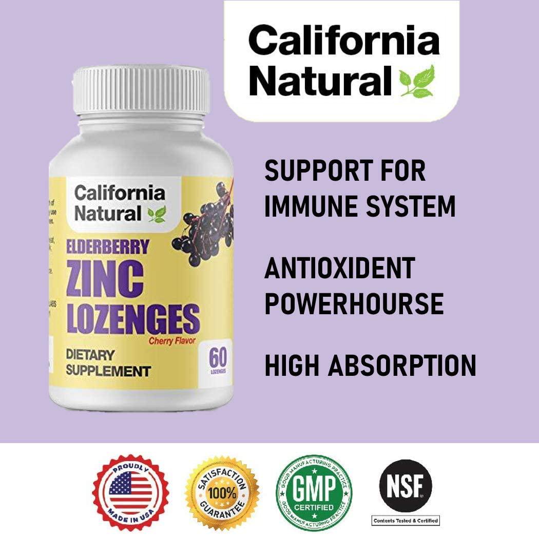 Elderberry Zinc Lozenges - California Natural - Cherry Flavor - Zinc, Elderberry and Echinacea Extract | Immunity Support | 60 Count Lozenges