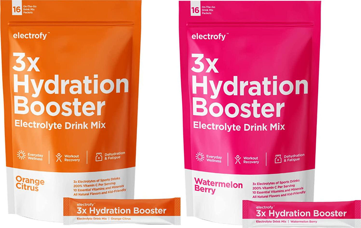Electrofy 3x Hydration Booster 32 Pack | Watermelon and Orange | Hydration Multiplier Electrolyte Drink Powder Stick Packets Recovery Mix | Keto + Paleo Friendly, Vegan, Gluten Free, Soy Free Dairy Free