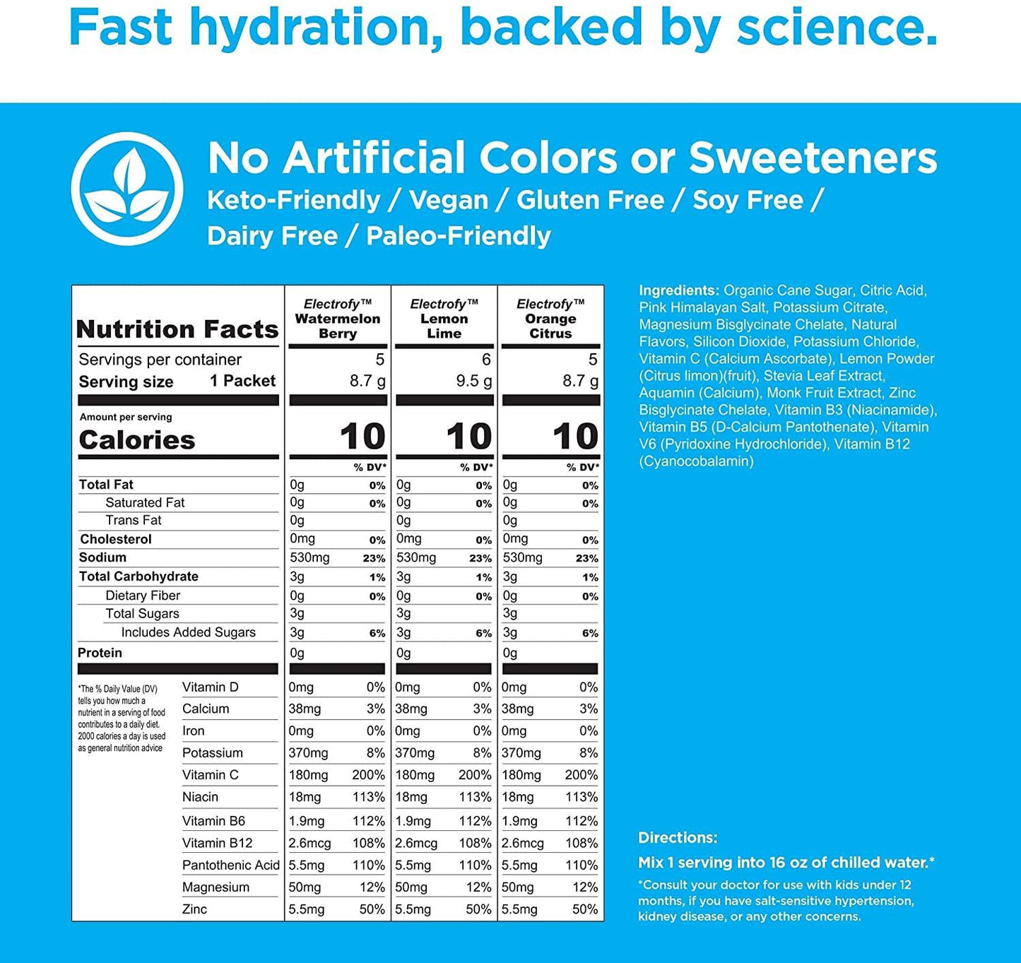 Electrofy 3x Hydration Booster 32 Pack | Hydration Multiplier Electrolyte Drink Powder Stick Packets Recovery Mix | Keto + Paleo Friendly, Vegan, Gluten Free, Soy Free, Dairy Free