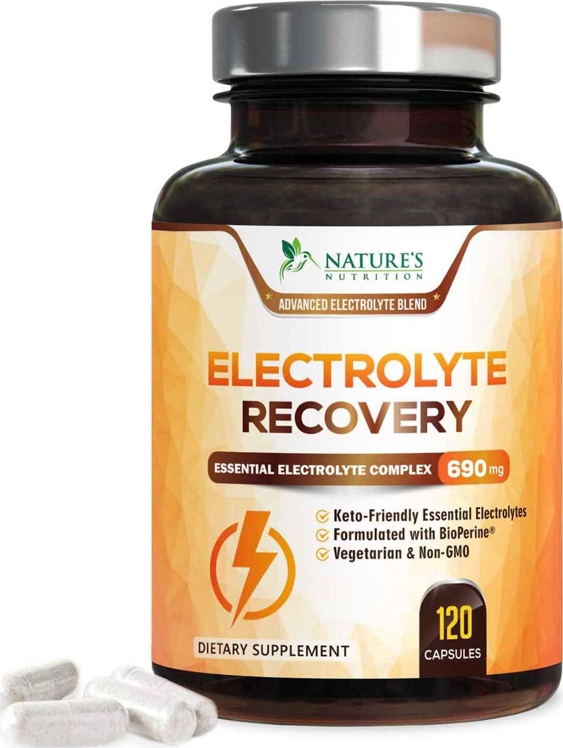 Electrolyte Pills Extra Strength Salt Tablets 690mg - Keto, Cramps, Rehydration, Recovery - Made in USA - Electrolytes Replacement Capsule with Magnesium, Sodium, Potassium, Calcium - 60 Capsules