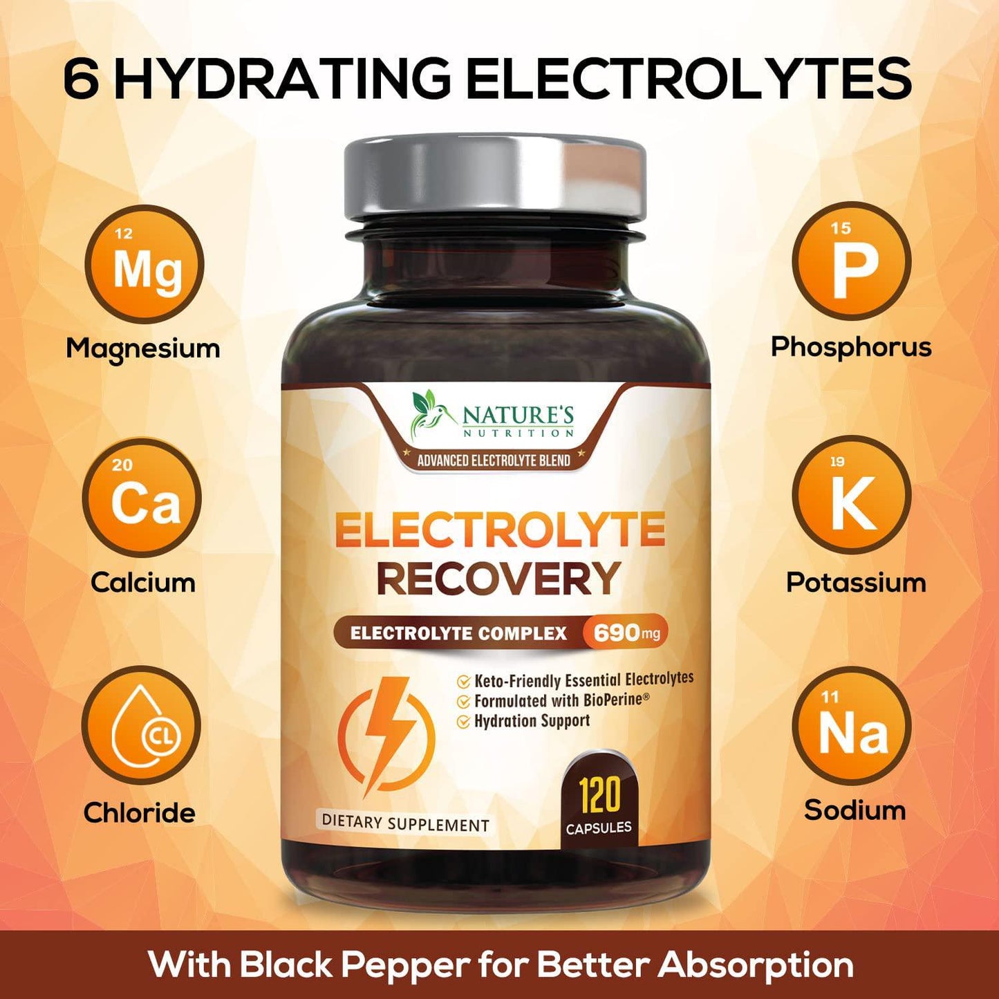 Electrolyte Pills Extra Strength Salt Tablets 690mg - Keto, Cramps, Rehydration, Recovery - Made in USA - Electrolytes Replacement Capsule with Magnesium, Sodium, Potassium, Calcium - 60 Capsules