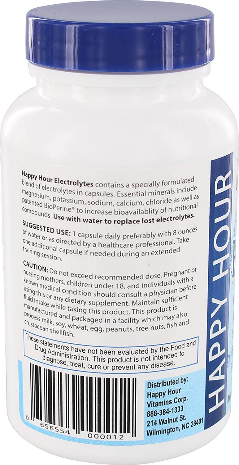 Electrolyte Pills Helping w/ Dehydration, Muscle cramping, Performance and Rapid Recovery. Vegetarian Capsules with Magnesium, Potassium, Sodium and Calcium Hydration Supplement by Happy Hour Vitamins