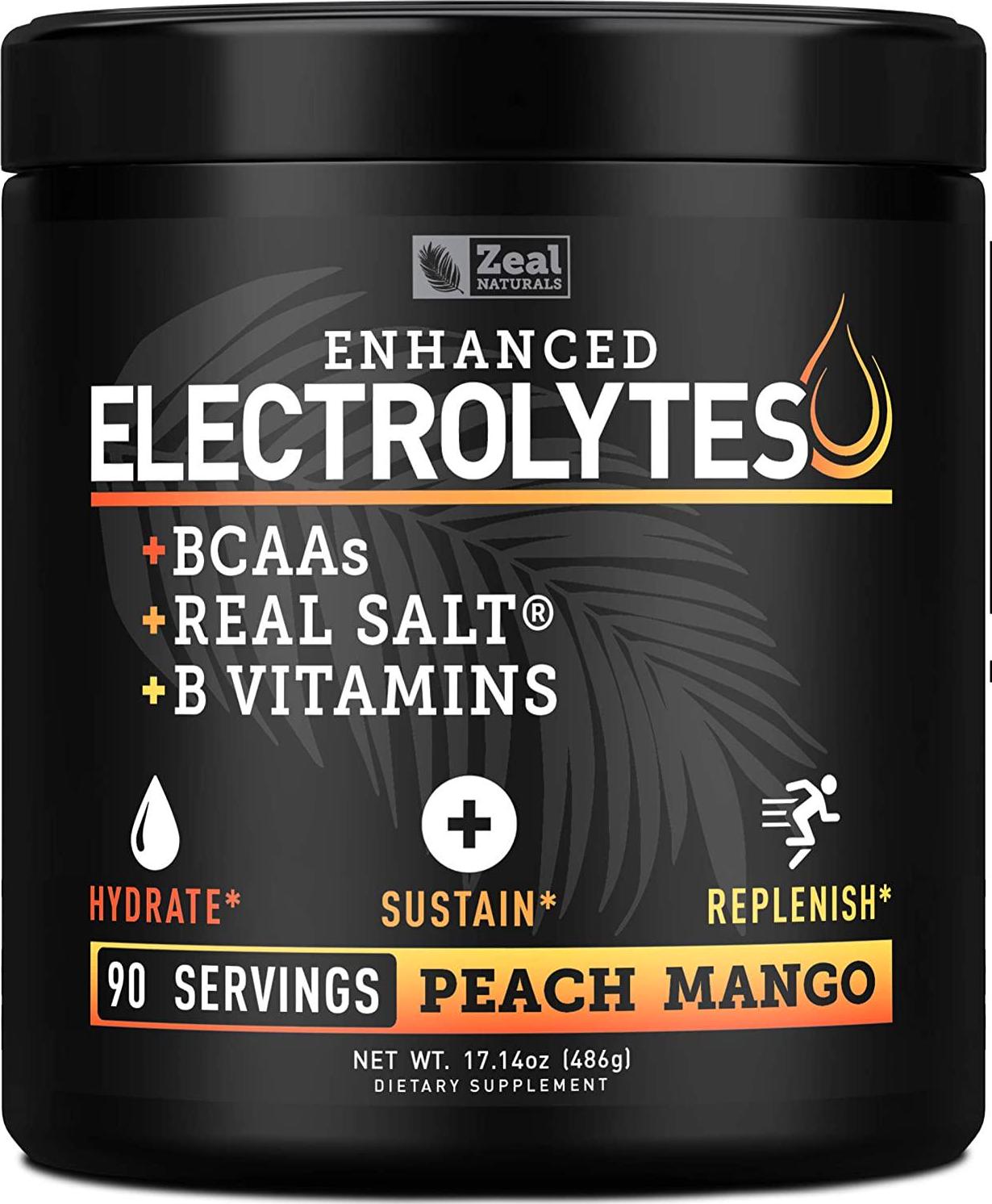 Electrolyte Powder Recovery Drink (90 Servings | Peach Mango) w Real Salt +BCAAs +B-Vitamins Sugar Free Electrolyte Supplement w Potassium Zinc and Magnesium for Hydration - Keto Electrolytes