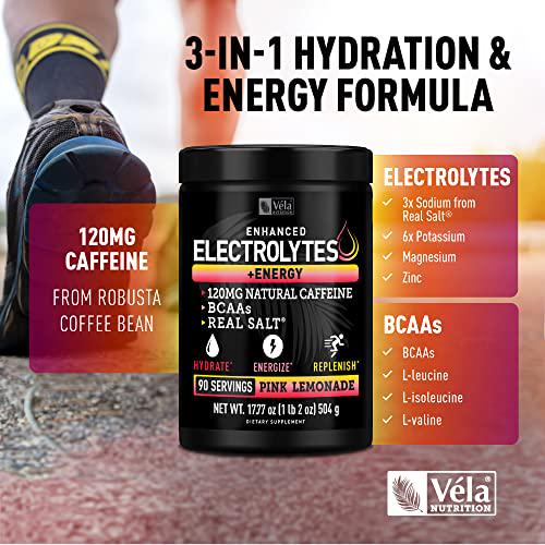 Electrolyte Powder Recovery Drink + Energy (90 Servings | Pink Lemonade) w Real Salt +BCAAs Sugar Free Electrolyte Supplement w Potassium Zinc and Magnesium for Hydration - Keto Electrolytes